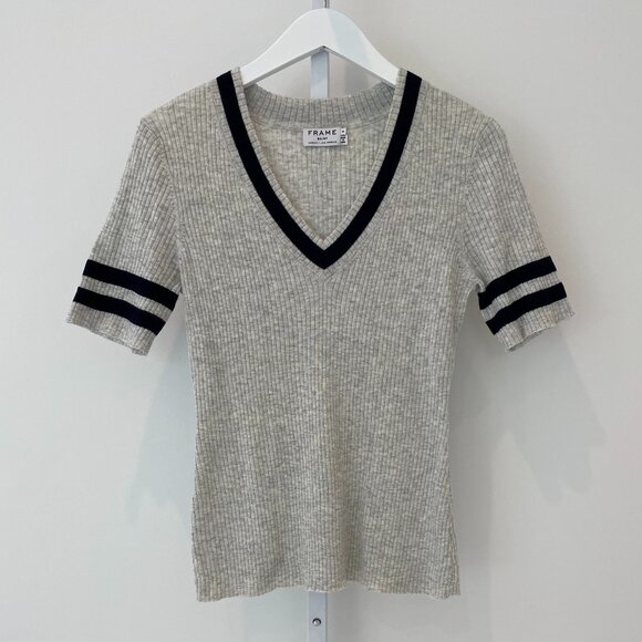 FRAME GRAY AND NAVY SHORT SLEVE COTTON WOOL KNIT SIZE MEDIUM NWOTS!